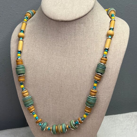 Beaded Chunky Statement Necklace Yellow Green Blue Spring Summer - Picture 2 of 8